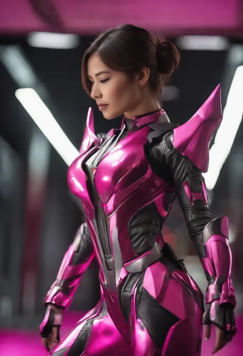 mulher em uma roupa rosa e preta, armadura rosa simplificada, armadura rosa lisa, fuchsia skin beneath the armor, cyber fight armor, sharp silver armor fuchsia skin, cyber japan style armor, cyber japan armor, Kamen Rider personagem, fuchsia skin below the...