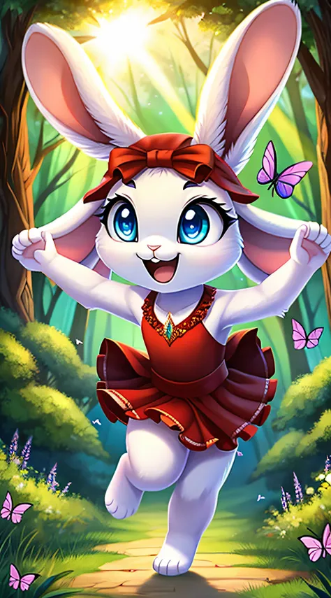 zoomed out image, fantasy style art, cute, adorable, short character, small, tiny little fluffy female white bunny with blue eyes, large poofy rabbit tail, big floppy ears, long ears, ears perked up, raised ears, long eyelashes, wearing a red frilly ribbon...