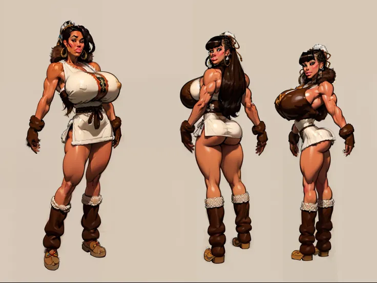 ((masterpiece)),(((best quality))),((character design sheet)), ((full body view)) ((native american girl)) mature face, defined cheekbones, high cheekbones, illustration, native girl, muscular, ((buckskins:1.4)), sexy bimbo, (gigantic breasts:1.7) black ha...