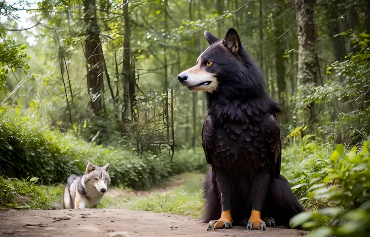 (Realistic, foto profissional:1.2), best quality,black eagle next to anthropomorphic wolf, (corpo peludo:1.2), pelo escuro detalhado, (pele detalhada:1.2), , Olhos detalhados, Cabelo preto bonito, selva densa, camisa