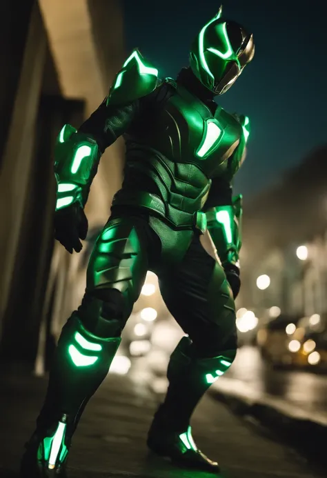 (8k,.RAW, profissional, qualidade superior),(realisitic,Fotorrealista:1.2),anatomia perfeita,(face com maior detalhe:1.2),frontlighting, Dark shadows threatened the city, Kamen Rider Shiden, Green Metal Body, preto e branco profundo, Wearing a transformati...