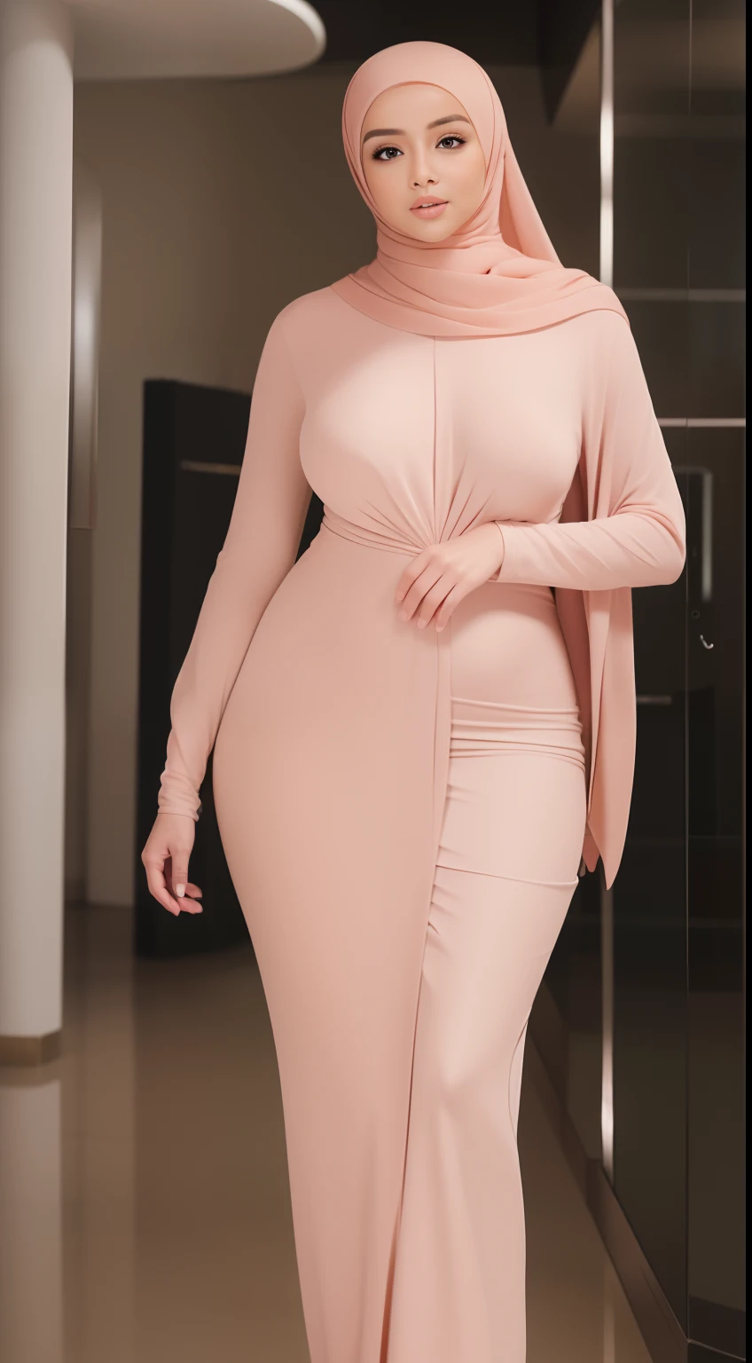 (NSFW,highres:1.2),1 girl,perfect body shape, slim waist, curvy hourglass figure, full body picture, skinny waist and thick hips,full body view,big boobs,wearing a hijab,wearing tight dress,beautiful detailed eyes,long eyelashes,natural makeup,soft smile,s...