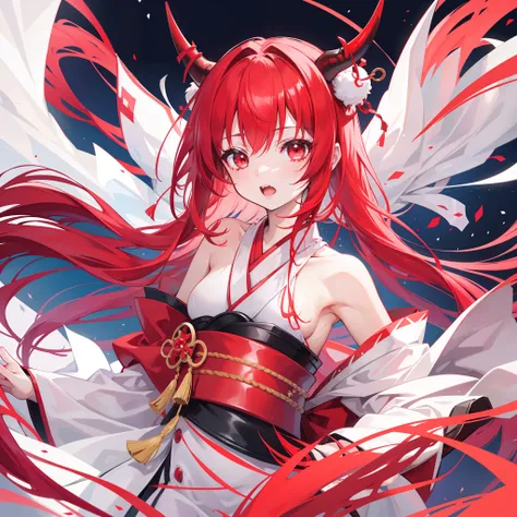 onimous、girl with、Red-haired、gradients、Red Eye、sharp and fine teeth、Red and white horns on the head,、Red kimono、Soio