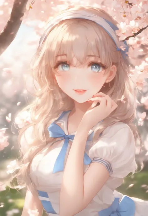 (Best Quality,4K,8K,hight resolution,masutepiece:1.2),Ultra-detailed,Gawr Gura,khyle.,Illustration,Soft blend color,Vibrant,Pastel tones,1girl in,Bright blue eyes,Wearing a cute sailor suit,Stand under a blooming cherry tree,Basking in the soft sunshine,Cl...