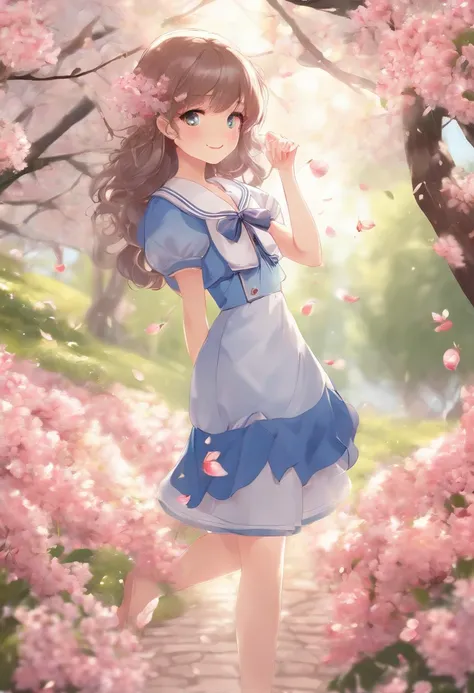 (Best Quality,4K,8K,hight resolution,masutepiece:1.2),Ultra-detailed,Gawr Gura,khyle.,Illustration,Soft blend color,Vibrant,Pastel tones,1girl in,Bright blue eyes,Wearing a cute sailor suit,Stand under a blooming cherry tree,Basking in the soft sunshine,Cl...