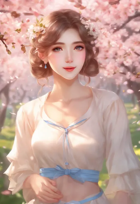 (Best Quality,4K,8K,hight resolution,masutepiece:1.2),Ultra-detailed,Gawr Gura,khyle.,Illustration,Soft blend color,Vibrant,Pastel tones,1girl in,Bright blue eyes,Wearing a cute sailor suit,Stand under a blooming cherry tree,Basking in the soft sunshine,Cl...