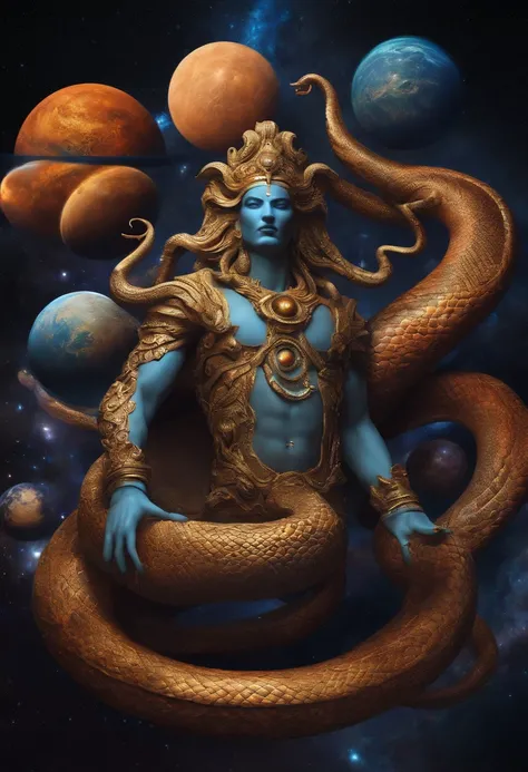 Cosmic god with the appearance of a snake, multiple heads, curling up on multiple planets