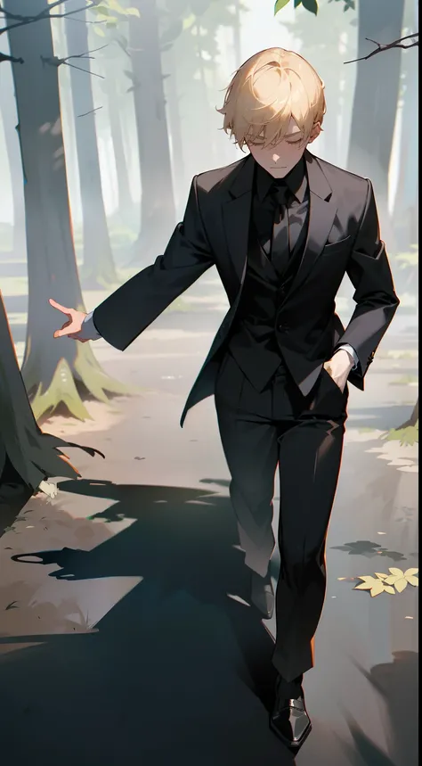 1boy,solo,serious face,black shirt,black tie,black pants,Short hair,blonde hair,closed eyes,mature male,(((walking in a forest))),(((casting dark magic, several datk shadows around,hidden arms))),masterpiece,hd,4k,best quality,high quality