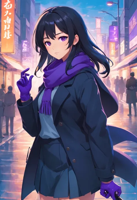 masterpiece, best quality, 1girl, solo, black hair, long hair, hair covering right eye, perfect, purple eyes, black coat, purple scarf, short skirt, hands in coat pocket, 2 katanas on back, black and purple gloves, headphones, beret