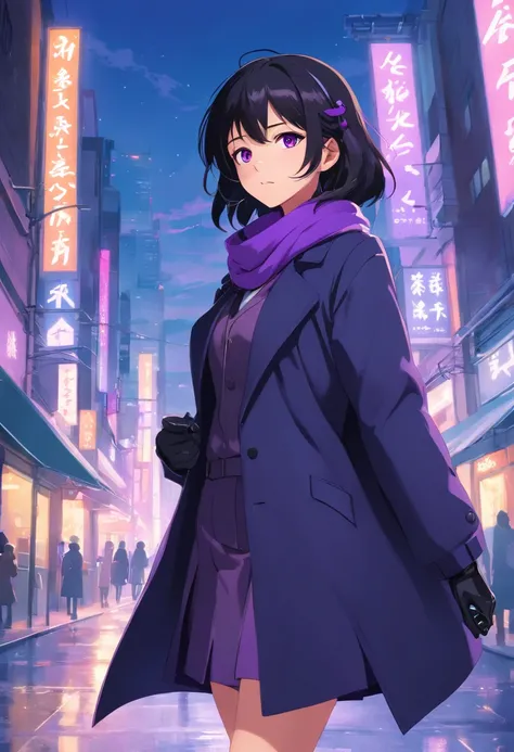 masterpiece, best quality, 1girl, solo, black hair, long hair, hair covering right eye, perfect, purple eyes, black coat, purple scarf, short skirt, hands in coat pocket, 2 katanas on back, black and purple gloves, headphones, beret