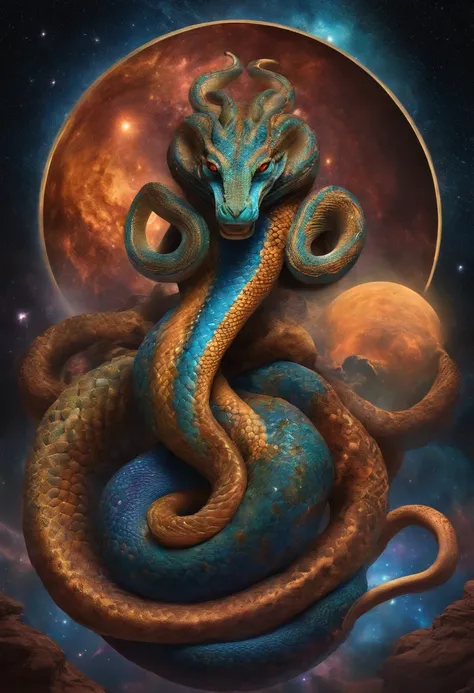 Cosmic god with the appearance of a multi-headed snake, curling up on multiple planets