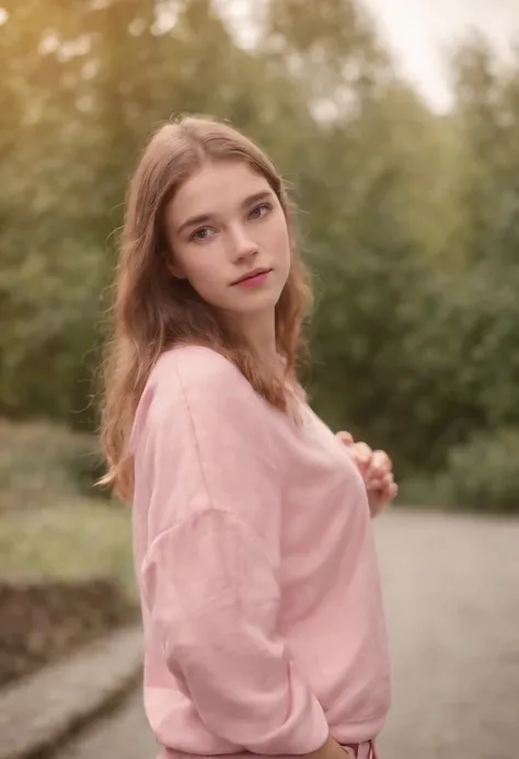 Belgian teen girl wearing pink pants, full picture