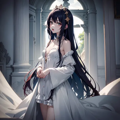 Best quality, highest resolution, 1 girl, solo, little child, pale skin, Dark red hair with dark blue and green fringes, very long hair, white eyes, pale eyes, delicate body, open mouth, showy robe, ruined inner room of ancient ruins as background, grey wi...