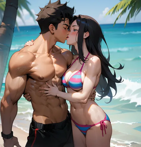 Boy who is super muscular kissing a girl in a bikini