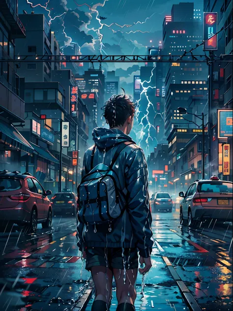 1boy,a 13 yo boy、Wet body、Spiky hairstyle、Cyberpunk Boy、The beginning of the adventure、(drenching:2)、(Lightning:1.5)、Lots of clouds,heavy fog、Fog,Chaotic city of the future、Movie dystopia、A group of very tall skyscrapers stands in the center、Very complex c...