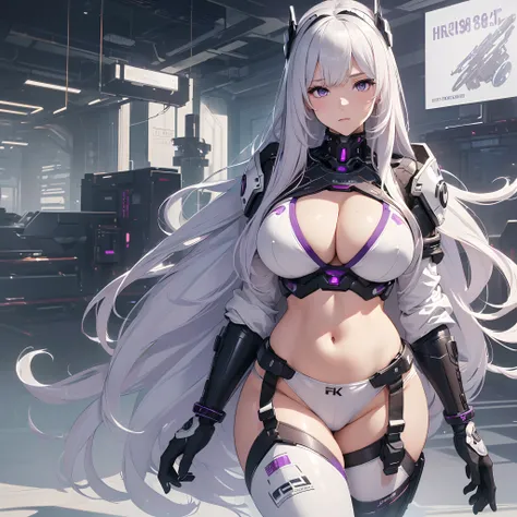 (8K, best quality, illustration, ultra detailed, high-resolution:1.3), (masterpiece: 1.25), ((1 girl)), (large breast), long white hair, purple eyes, exposed cleavage, ((showing stomach)), sexy black/white cybernetic lingerie exosuit: 1.4, mech armor, clea...