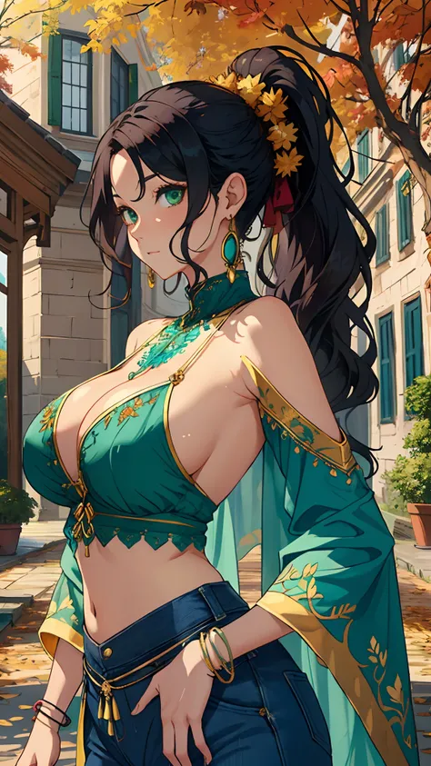 (Masterpiece, hiquality, absurdress) 1Woman,  black hair, messy bun hair,  Green eyes, a perfect face, amazing body, big breasts, ((Best Quality)), ((Masterpiece)), (Detailed:1.4), ((Best quality)), ((masterpiece)), (detailed:1.4),solo, adult, wavy  hair, ...