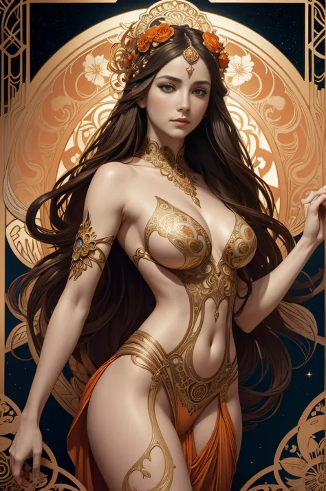 An art nouveau-inspired painting of a nude gril, adorned with intricate floral patterns and sharp curved lines, floral head band, rich and vibrant red, orange color, ethereal glow. mixed Paint, Soft, Dreamy, art by Alphonse Mucha, hyper realistic highly de...