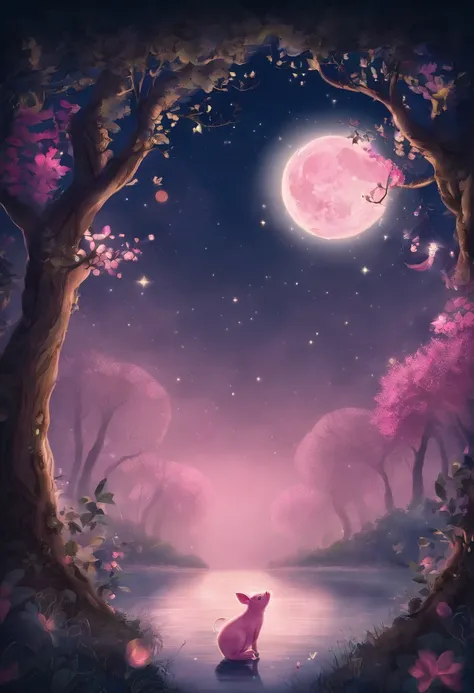 Forest night，The sky has a full moon，There is a pink piglet on the ground，There is a fish in the water，There is a monkey in the tree，There is a sprouted sapling under the tree