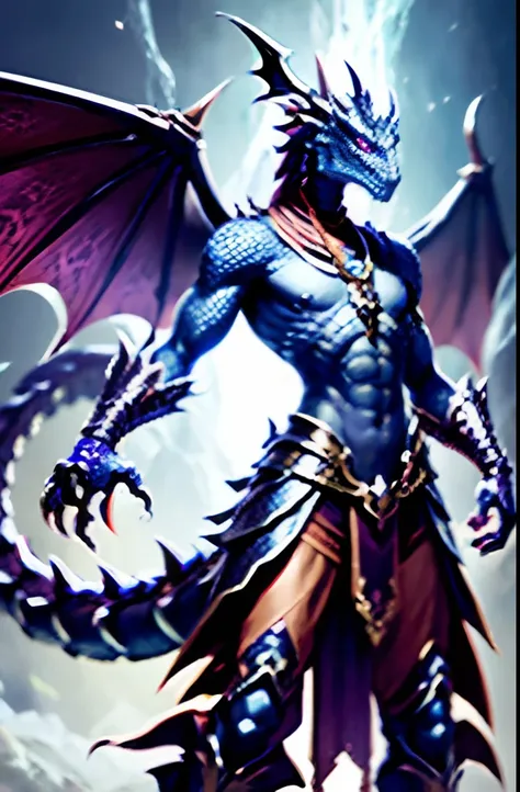 Humanoid dragon with a lean winged male reptilian face with a full body covered in silvery scales. He is wearing monk clothes and carries a dragon amulet around his neck.