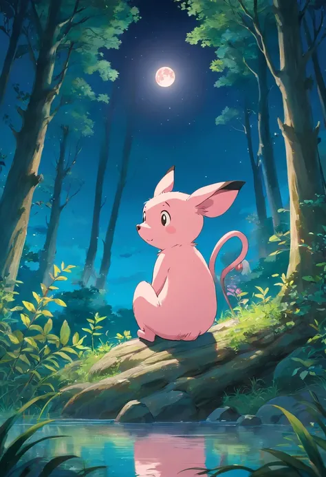 Forest night，The sky has a full moon，There is a pink piglet on the ground，There is a fish in the water，There is a monkey in the tree，There is a sprouted sapling under the tree