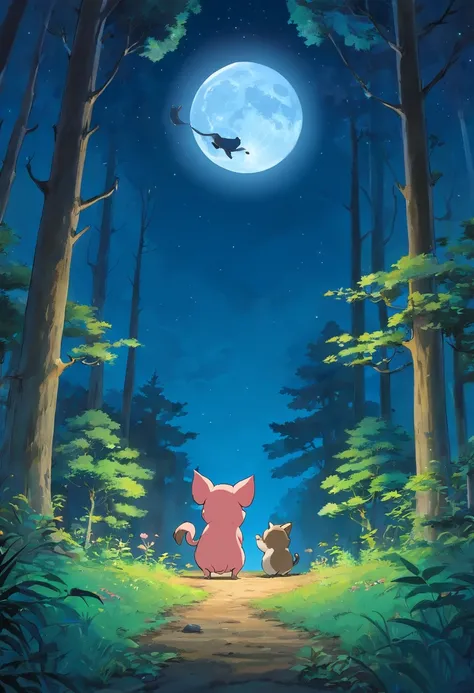 Forest night，The sky has a full moon，There are 4 animals on the ground（pigs，monkey，The fish，sapling）