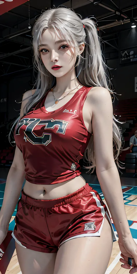 photorealistic, high resolution, soft light,1women, solo, hips up, (detailed face), jewelry, harley quinn, jewelry, tattoo, Red Basketball Uniform、Luxurious indoor sports stadium、basketball court