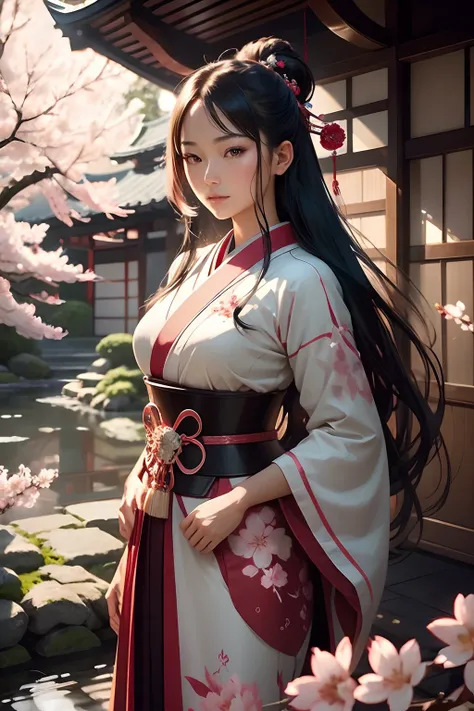 A young woman in a futuristic Japanese samurai attire with neon blue lights stands gracefully amidst a vibrant cherry blossom garden. Her long, flowing hair dances in the gentle breeze as she holds a gleaming katana reflecting the neon light, symbolizing s...