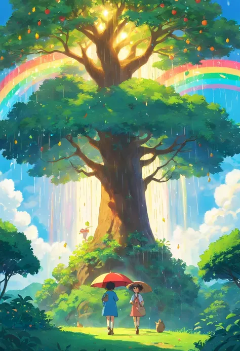 It was raining，There is a rainbow in the sky，A lot of fruit falls under one tree