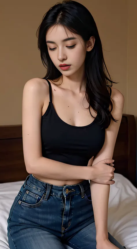 Girl in black bra and tight denim skirt posing for photo, full body, with cropped T-shirt, bra, panties, slim body, smaller circle bust, slim girl model, sweat body, wet, 24 year old female model, long hair, some hair on face, closed eye, opened mouth, in ...