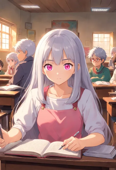 In the classroom，Girl with silver hair and pink eyes reading seriously，There are 3 boys peeking at her behind