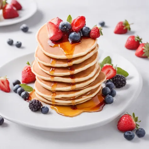 Pancakes with fruit,syrup, ​masterpiece,top-quality,professional photograpy,detail portrayal,8K,the background is white