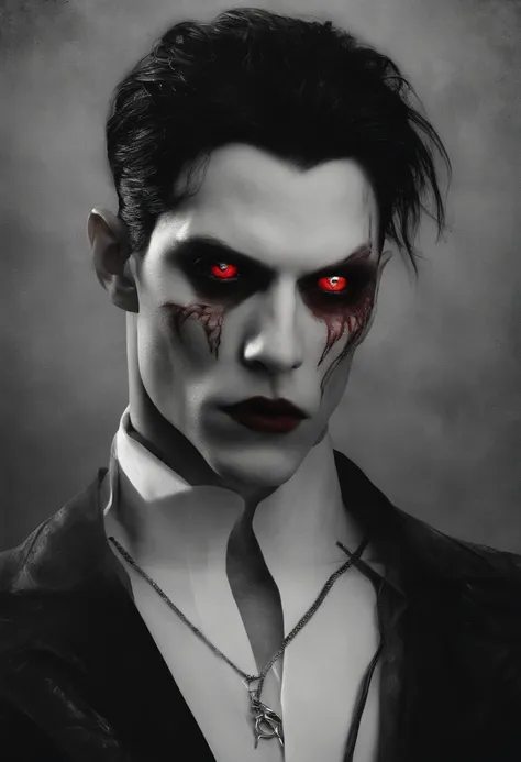 high quality photorealistic image of a man with black hair and red eyes wearing a choke, androgynous vampire, vampire of clan lasombra, male vampire, male vampire evil devious male, handsome male vampire, ((red)) baggy eyes, red eyes wearing goth makeup, b...