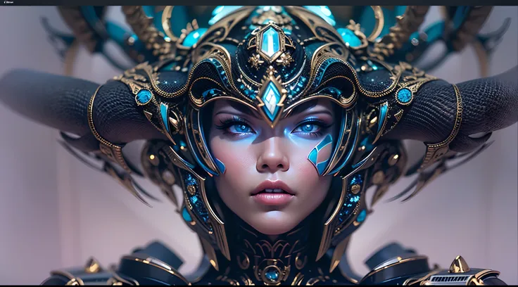 Ultra sensual woman in futuristic armor with a crown on her head, em cores preto e azul, Fantastic theme and science fiction, armadura com ramos e folhas de videira, extremamente feminina, ciborgue estilo exterminador do futuro, cinematic goddess, foto de ...