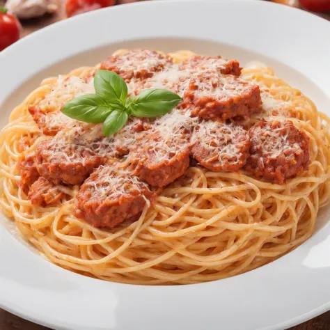 Spaghetti,Meat sauce, ​masterpiece,top-quality,professional photograpy,detail portrayal,8K,the background is white