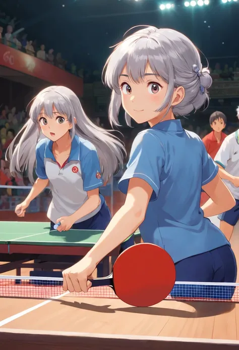 Silver-haired girl playing table tennis，There were several boys around