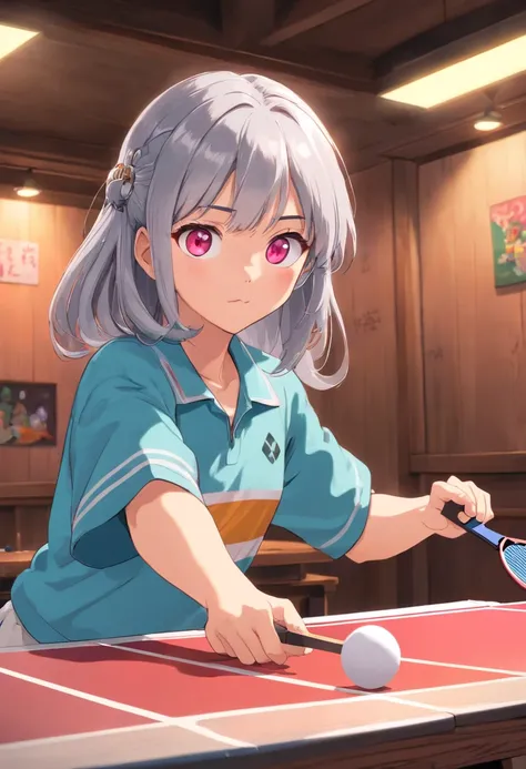 Silver hair girl（Pink eyes）Playing table tennis，There were several boys around