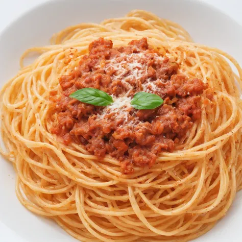 Spaghetti,Meat sauce, ​masterpiece,top-quality,professional photograpy,detail portrayal,8K,the background is white