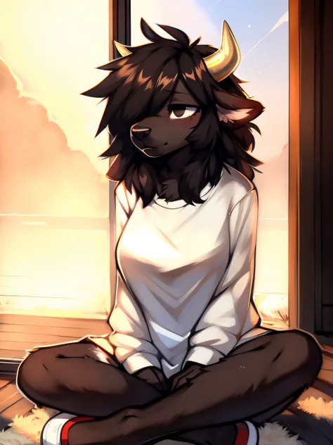 anorexic, rubbing eyes, dark fur, bison, fluffy fur, oversized shirt, dirty, stained, bags under eyes, 1girl, solo, female, big breasts, extremely messy hair, shaggy hair, hair over eye, black eyes, no shoes, paws, big ears, by zackary911, (coffeesoda:1.1)...