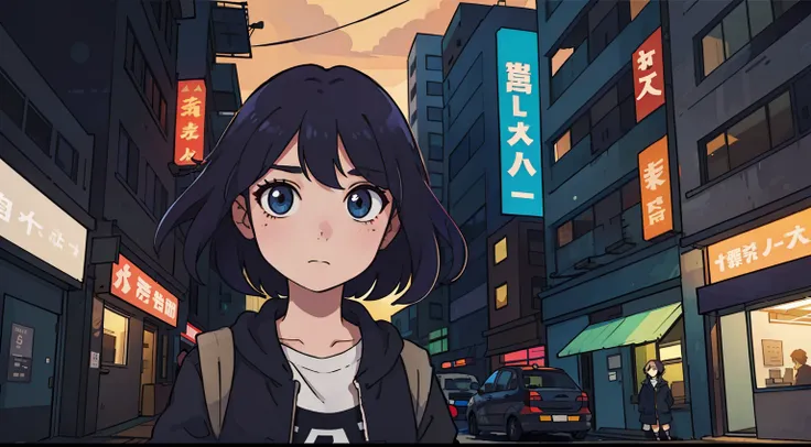 Girl in her 20s、urban backdrop、natta、８０age、
(top-quality:0.8)、(top-quality:0.8)、perfect anime illustration、Dark indistinct face、radiant eyes