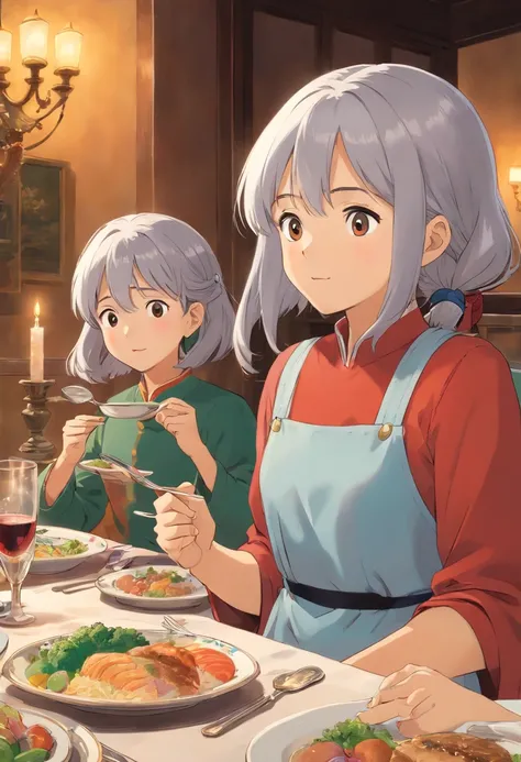 at a dinner table，Silver-haired girl eating with her parents