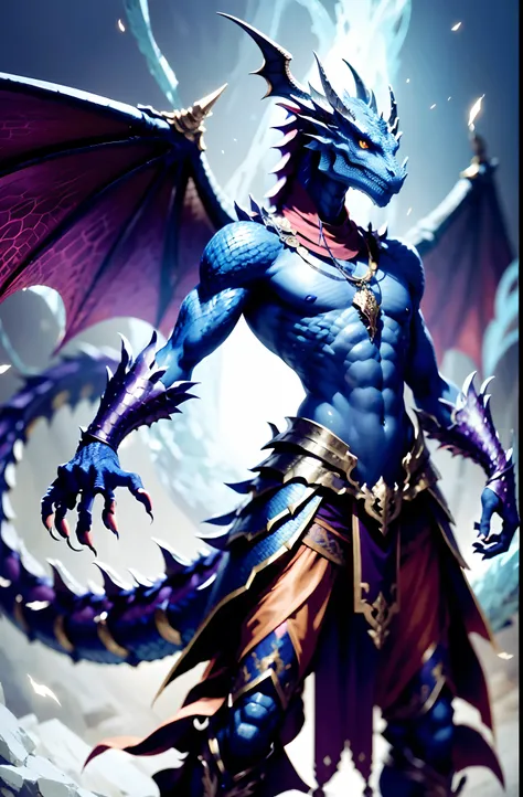 Humanoid dragon with a lean winged male reptilian face with a full body covered in silvery scales. He is wearing monk clothes and carries a dragon amulet around his neck.