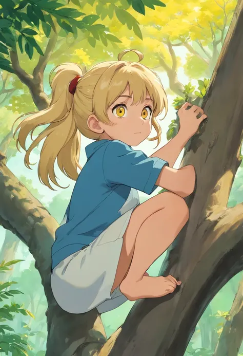 Girl with blonde hair and double ponytail（Yellow eyes）Imitating a monkey climbing a tree