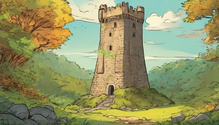 a medieval tower, in the middle of a clearing, in the forest