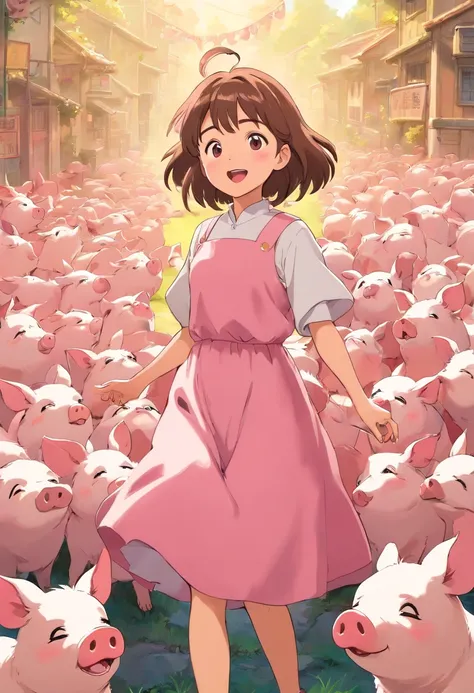 A girl is singing，There are a lot of piglets around（in pink）