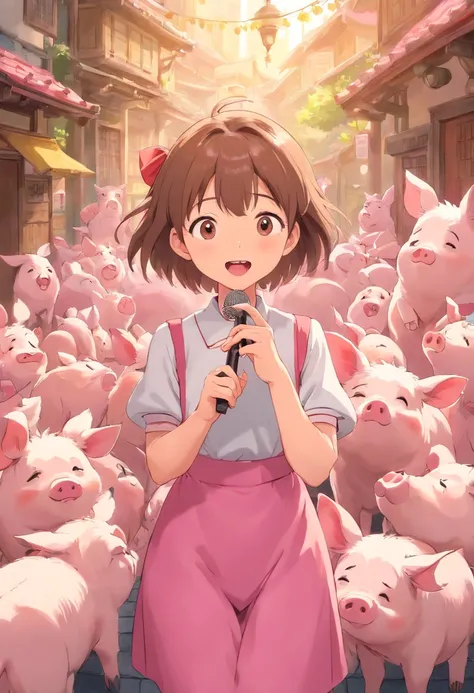 A girl is singing，There are a lot of piglets around（in pink）