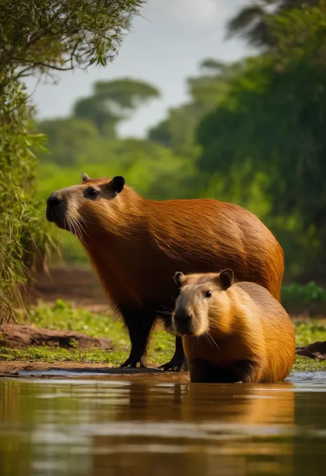 Create an image of an Indian next to a giant capybara in the Pantanal