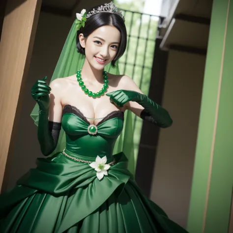 Boyish very short black hair, lipsticks, Japan woman smiling, Green Long Grove,　Emerald Tia boyish very short black hair, lipsticks, Japan woman smiling, Satin green long gloves,　emerald tiara, Green Pearl Necklace, verd s eyes, Green eyes, Long green glov...