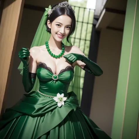 Boyish very short black hair, lipsticks, Japan woman smiling, Green Long Grove,　Emerald Tia boyish very short black hair, lipsticks, Japan woman smiling, Satin green long gloves,　emerald tiara, Green Pearl Necklace, verd s eyes, Green eyes, Long green glov...