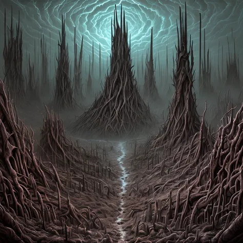 Wide angle of dark valley full of biomechanicals monuments. Creepy spiked monuments. Many souls inside of hurricane storming. Apocalyptic vision, Horror art, ultra detailed, intricate perfect illustration, digital painting, color drawing. Hyperdetailed.